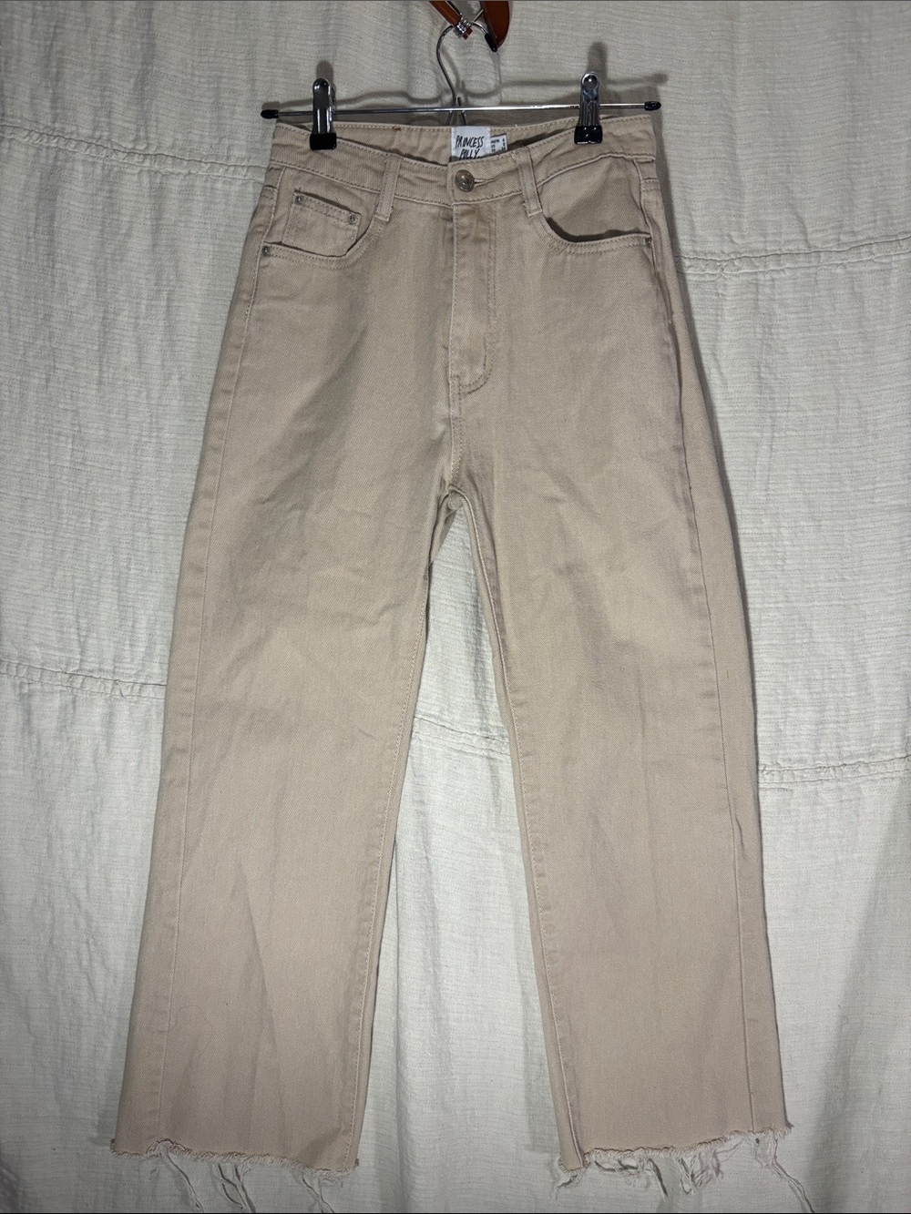 Princess Polly High Rise Straight Leg Jeans Tan Beige Raw Hem 100% Cotton Size 2